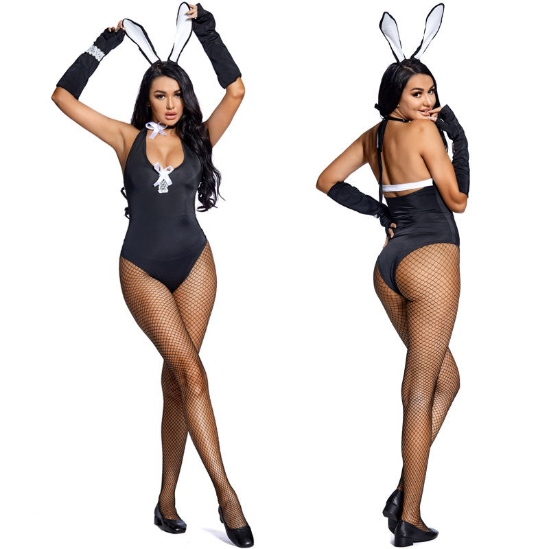 A cosplay bunny girl bodysuit with a low-cut neckline, deep V-neck, fishnet stockings, and laces.