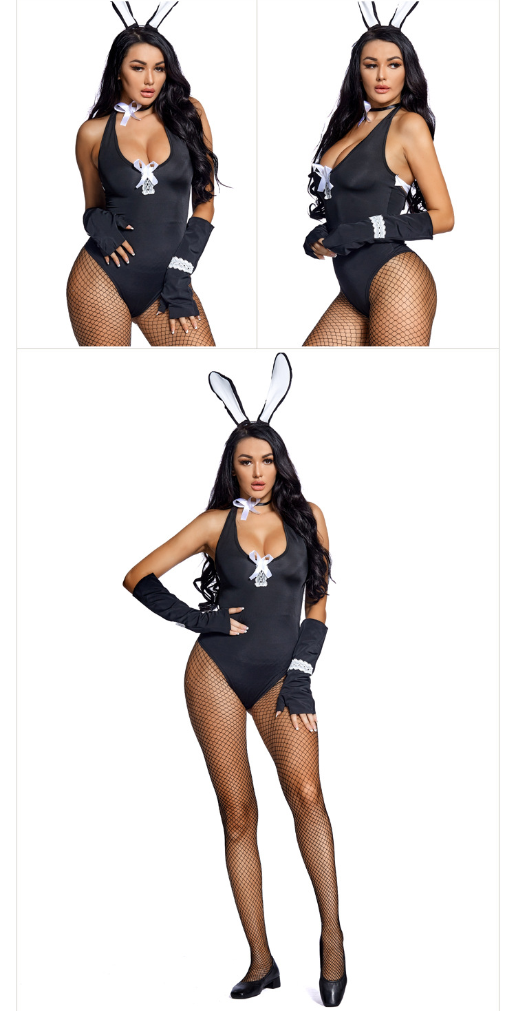 A cosplay bunny girl bodysuit with a low-cut neckline, deep V-neck, fishnet stockings, and laces.