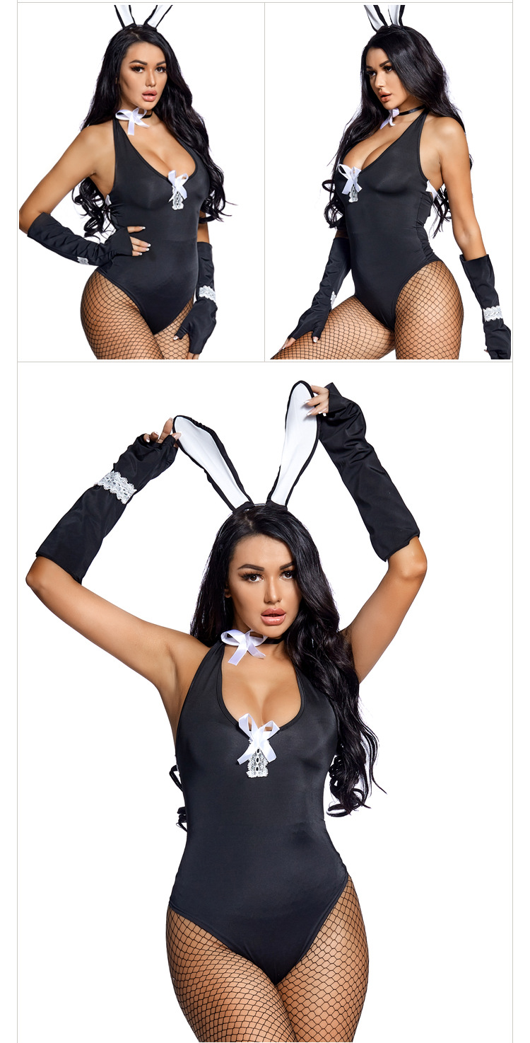 A cosplay bunny girl bodysuit with a low-cut neckline, deep V-neck, fishnet stockings, and laces.