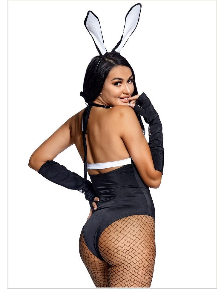 A cosplay bunny girl bodysuit with a low-cut neckline, deep V-neck, fishnet stockings, and laces.