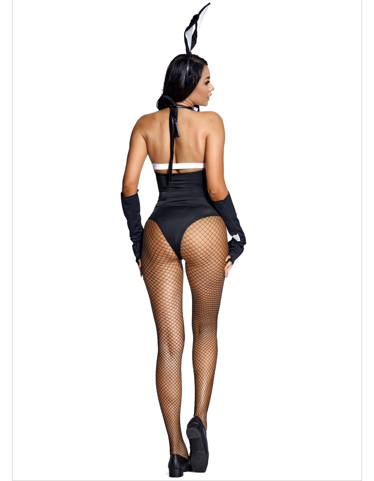 A cosplay bunny girl bodysuit with a low-cut neckline, deep V-neck, fishnet stockings, and laces.