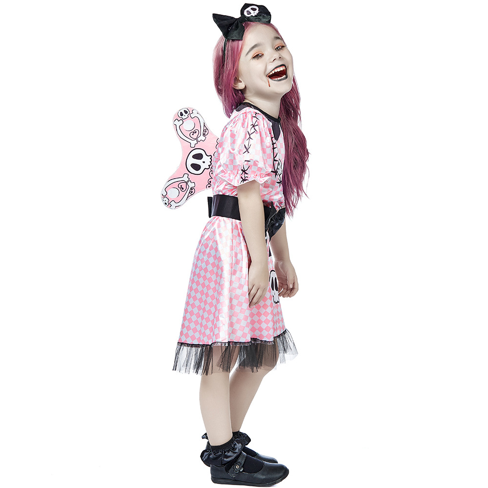Halloween costume with skull print, pink plaid, Barbie doll, mechanical ghost.