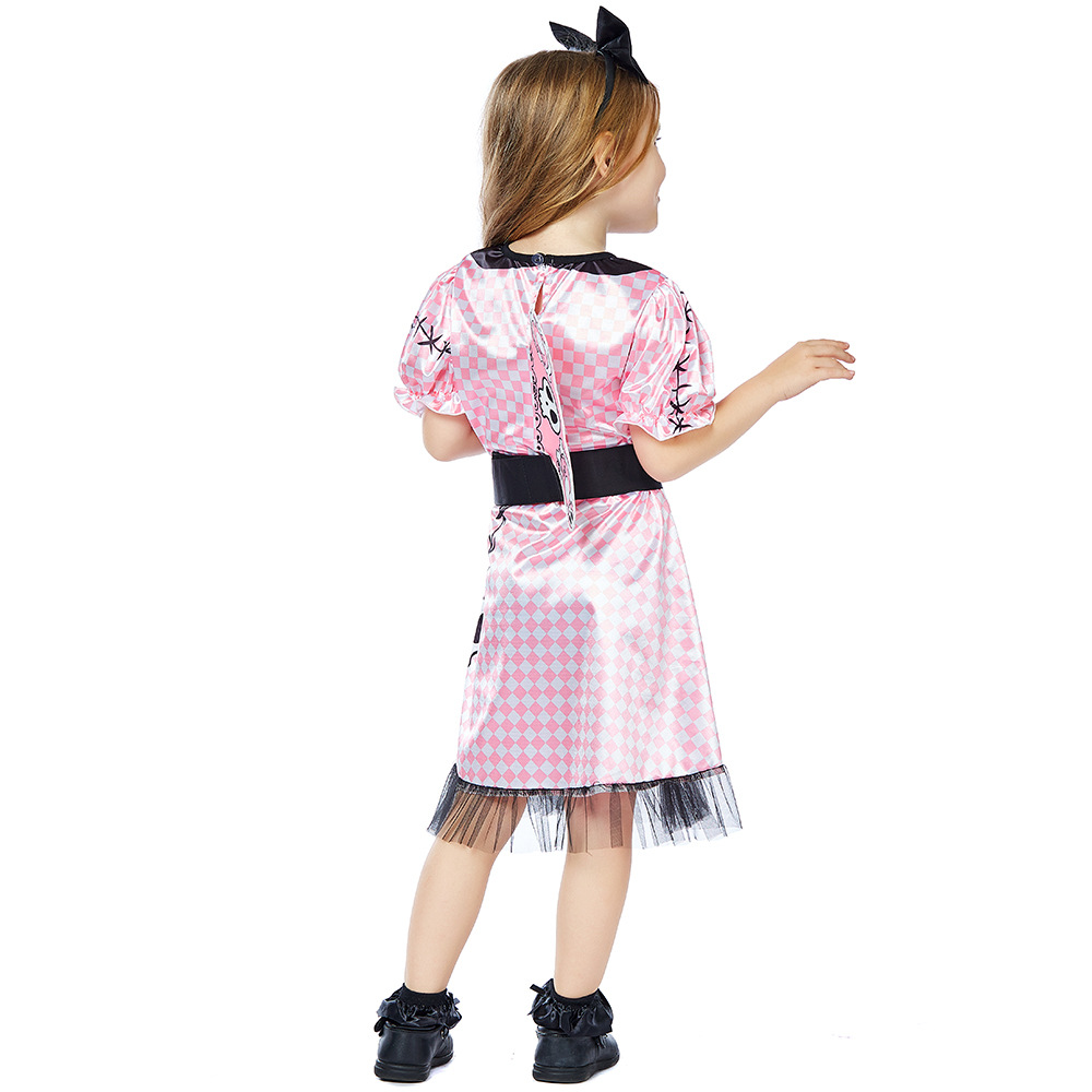 Halloween costume with skull print, pink plaid, Barbie doll, mechanical ghost.