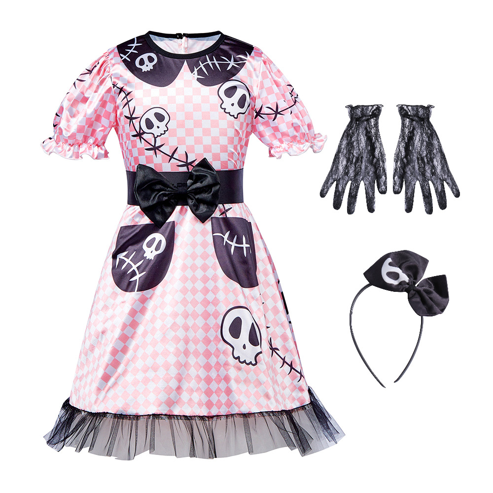 Halloween costume with skull print, pink plaid, Barbie doll, mechanical ghost.