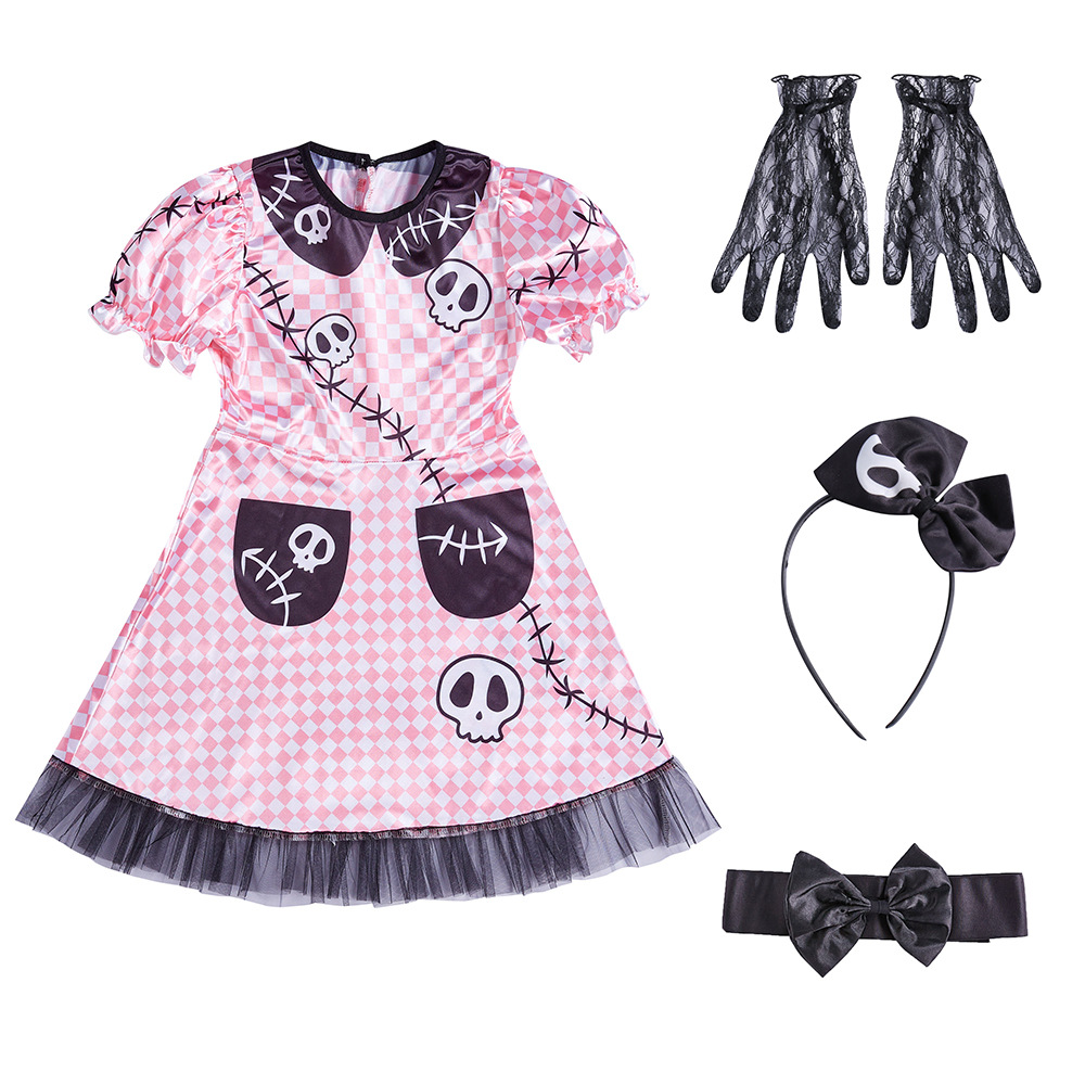 Halloween costume with skull print, pink plaid, Barbie doll, mechanical ghost.