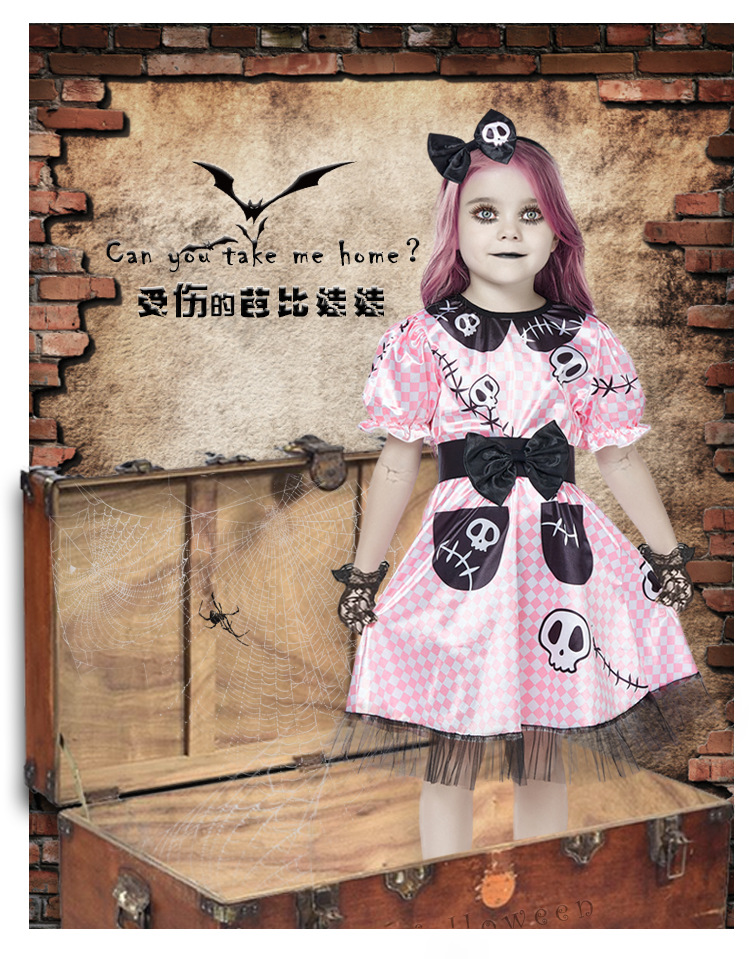 Halloween costume with skull print, pink plaid, Barbie doll, mechanical ghost.
