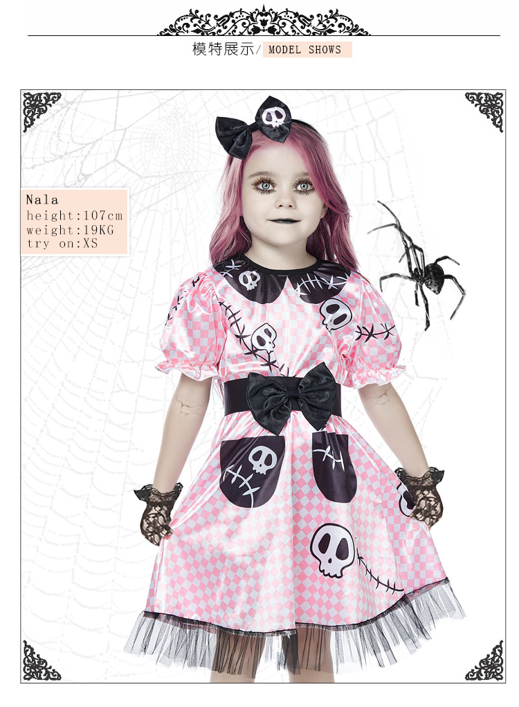 Halloween costume with skull print, pink plaid, Barbie doll, mechanical ghost.