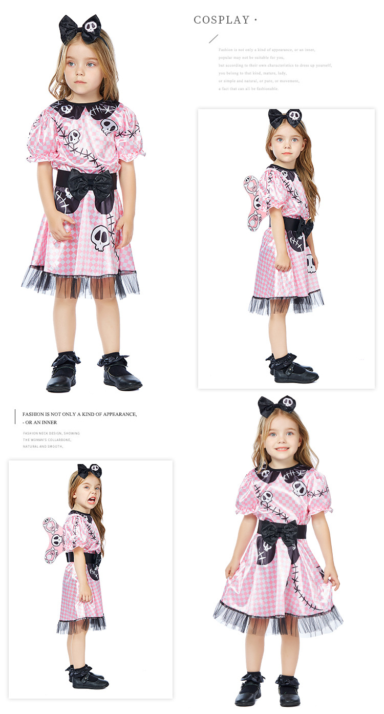 Halloween costume with skull print, pink plaid, Barbie doll, mechanical ghost.