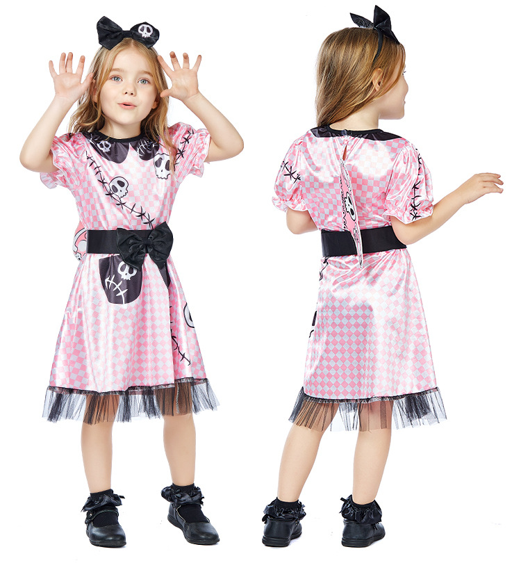 Halloween costume with skull print, pink plaid, Barbie doll, mechanical ghost.