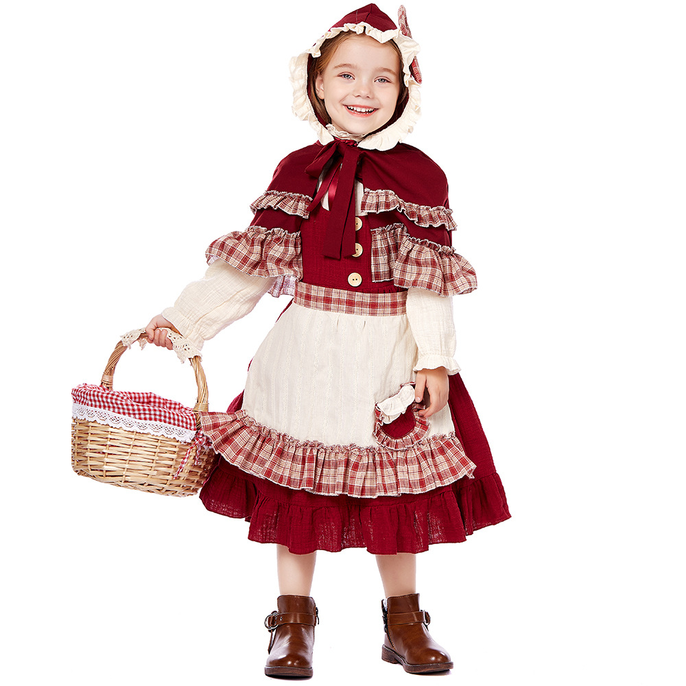 Children's Little Red Riding Hood cosplay costume, girls' retro pastoral dress, fairy tale stage Halloween role-playing costume