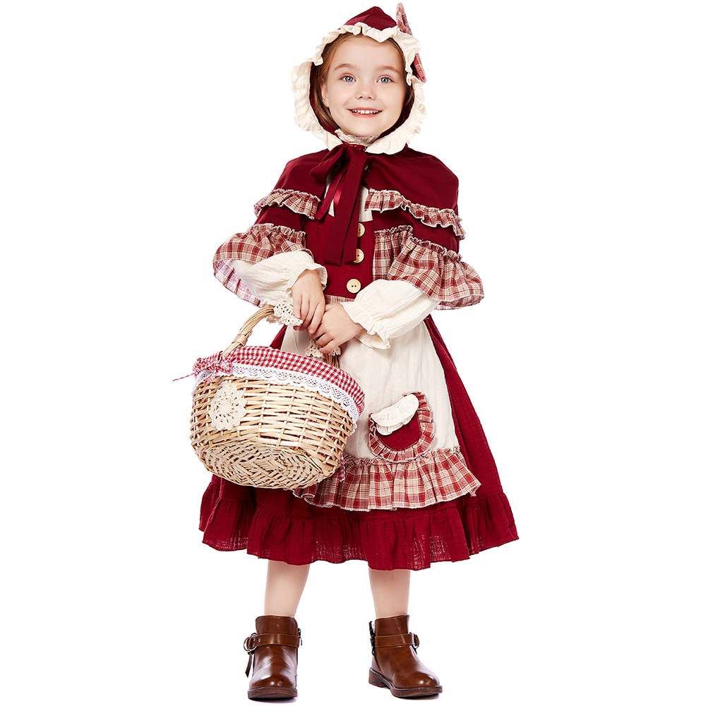 Children's Little Red Riding Hood cosplay costume, girls' retro pastoral dress, fairy tale stage Halloween role-playing costume
