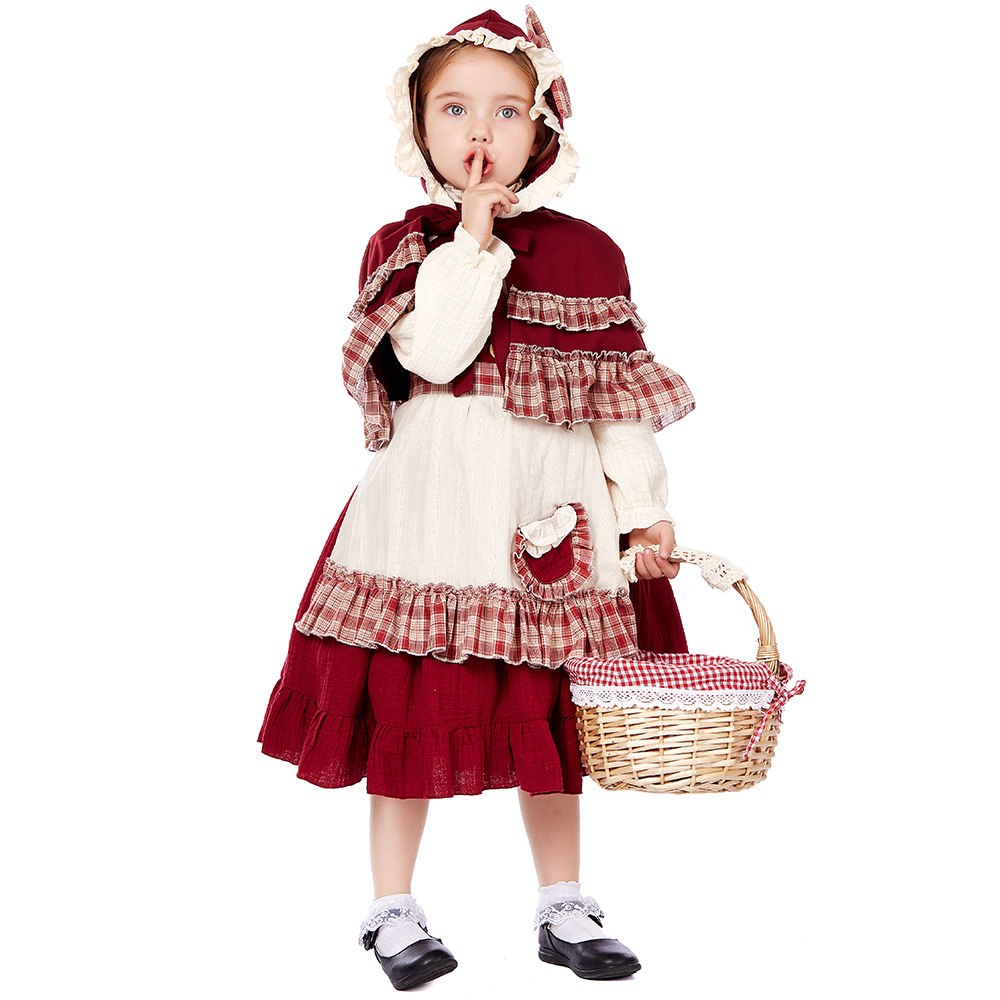 Children's Little Red Riding Hood cosplay costume, girls' retro pastoral dress, fairy tale stage Halloween role-playing costume