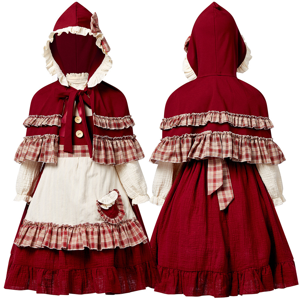 Children's Little Red Riding Hood cosplay costume, girls' retro pastoral dress, fairy tale stage Halloween role-playing costume