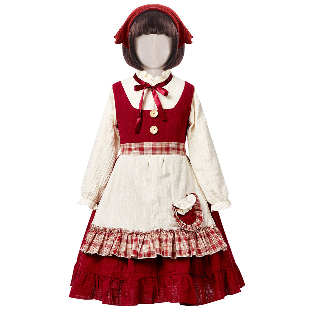 Children's Little Red Riding Hood cosplay costume, girls' retro pastoral dress, fairy tale stage Halloween role-playing costume