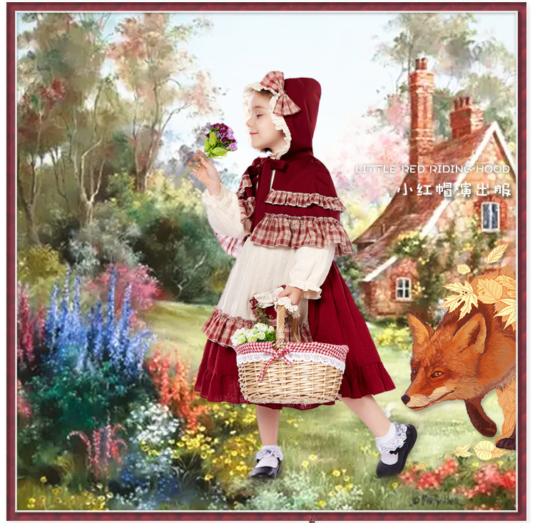 Children's Little Red Riding Hood cosplay costume, girls' retro pastoral dress, fairy tale stage Halloween role-playing costume