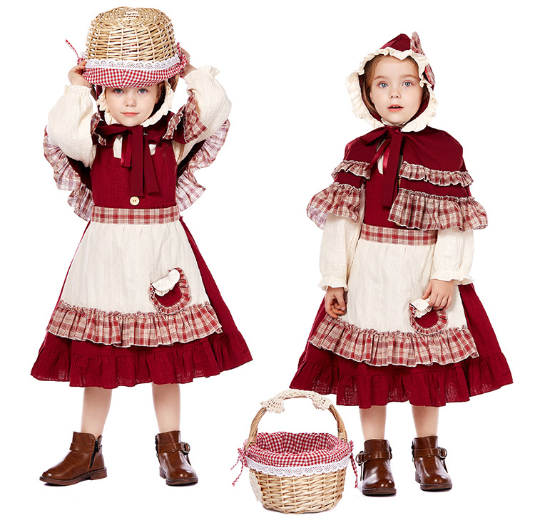 Children's Little Red Riding Hood cosplay costume, girls' retro pastoral dress, fairy tale stage Halloween role-playing costume