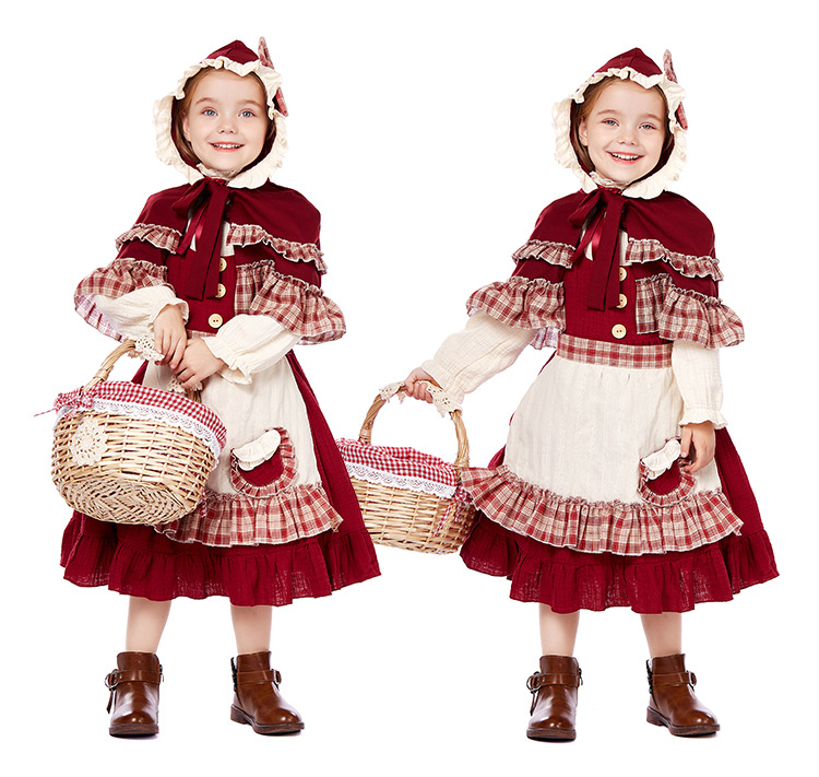 Children's Little Red Riding Hood cosplay costume, girls' retro pastoral dress, fairy tale stage Halloween role-playing costume