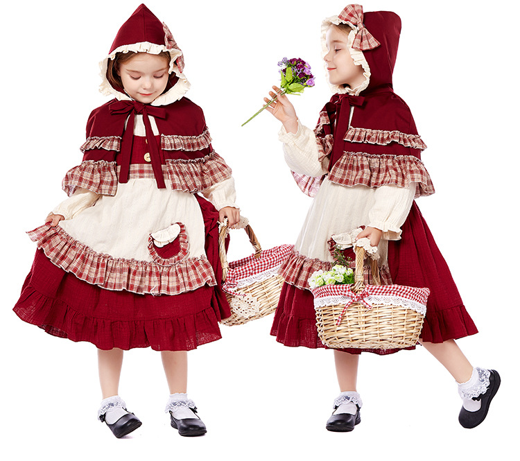 Children's Little Red Riding Hood cosplay costume, girls' retro pastoral dress, fairy tale stage Halloween role-playing costume