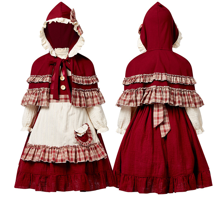 Children's Little Red Riding Hood cosplay costume, girls' retro pastoral dress, fairy tale stage Halloween role-playing costume