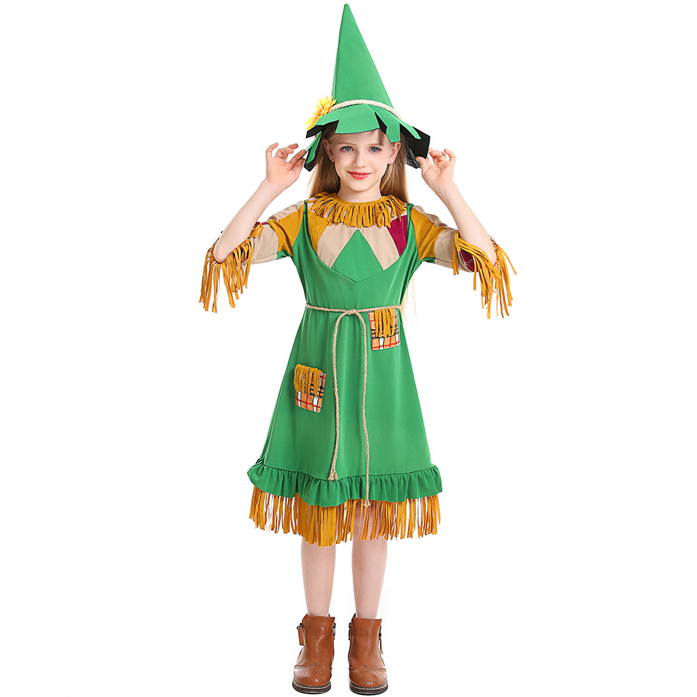 Easter Halloween children's costumes, green tassel girl puppet dress, scarecrow dress