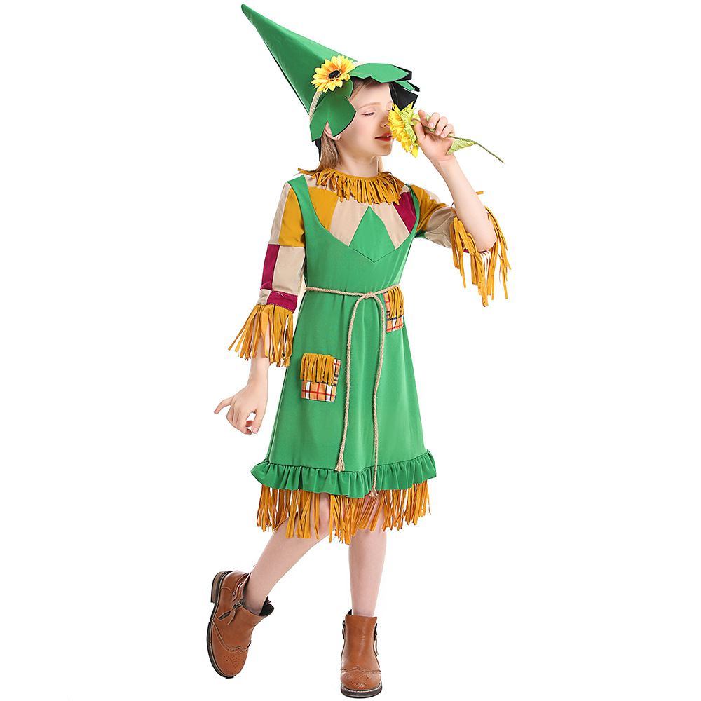 Easter Halloween children's costumes, green tassel girl puppet dress, scarecrow dress