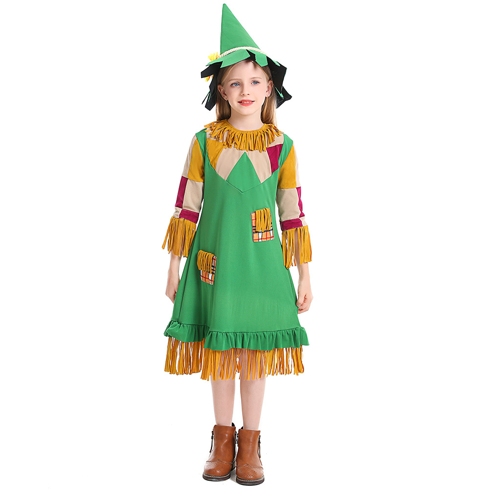Easter Halloween children's costumes, green tassel girl puppet dress, scarecrow dress