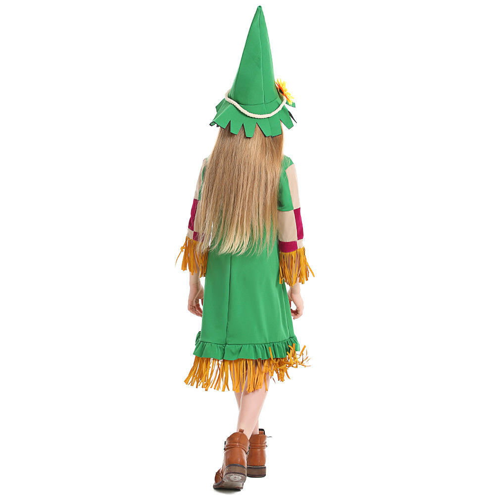 Easter Halloween children's costumes, green tassel girl puppet dress, scarecrow dress