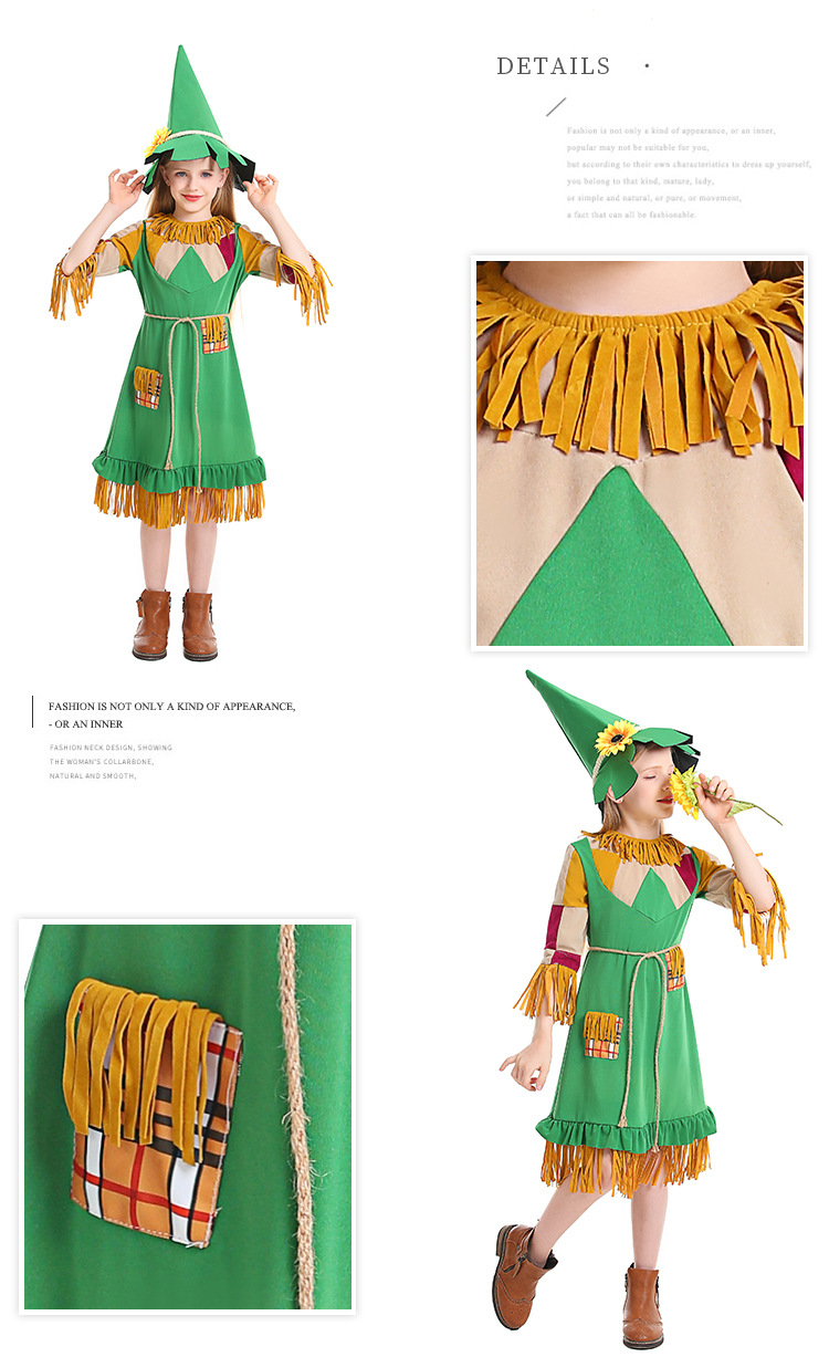 Easter Halloween children's costumes, green tassel girl puppet dress, scarecrow dress