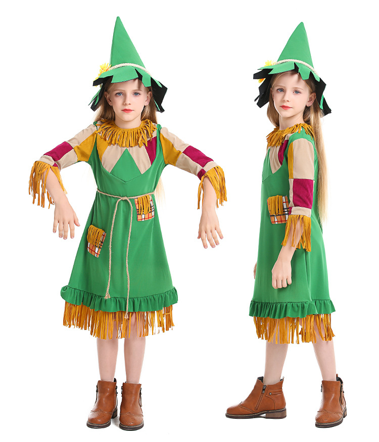 Easter Halloween children's costumes, green tassel girl puppet dress, scarecrow dress
