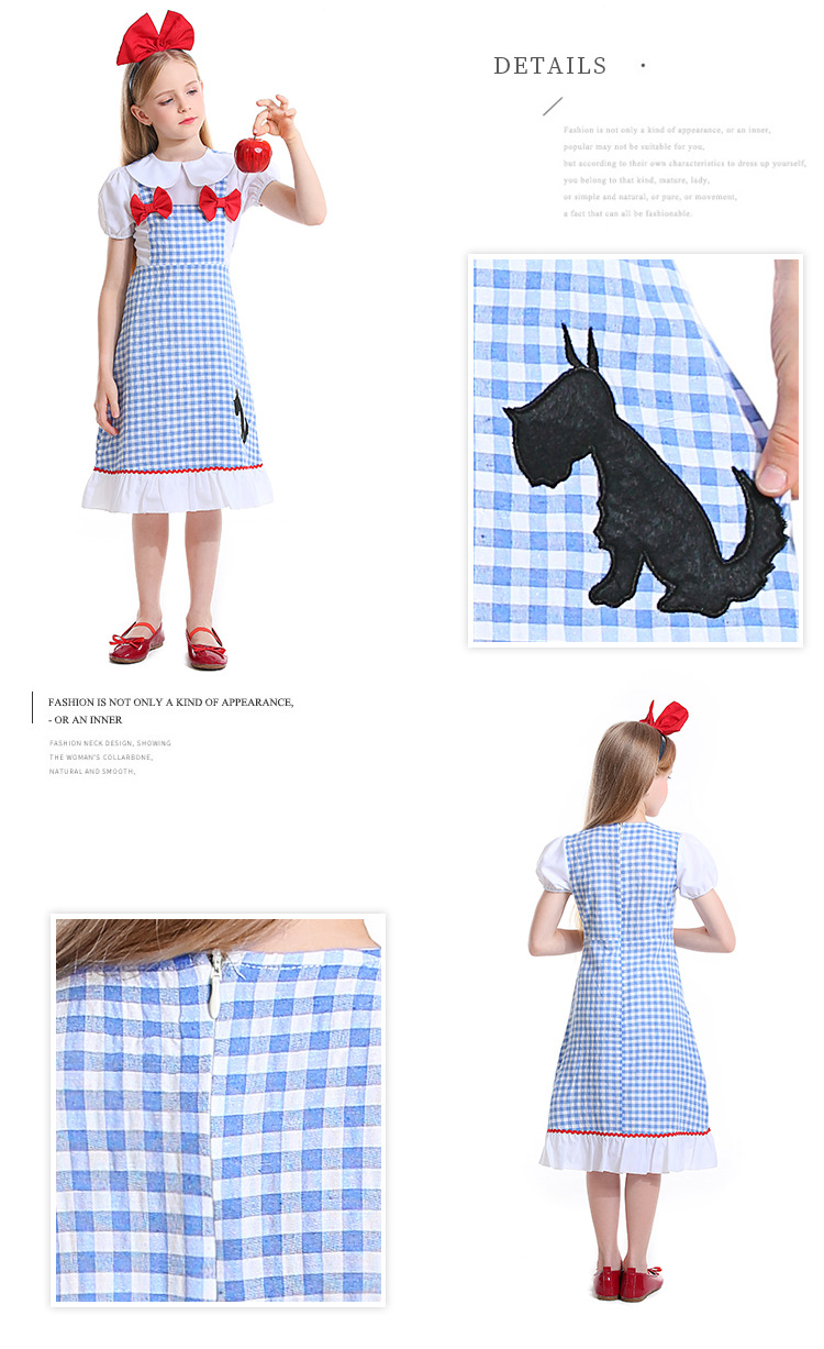 Dorothy children's costume, fairy tale play, Wizard of Oz role-playing, bow tie, dog pattern, Dorothy