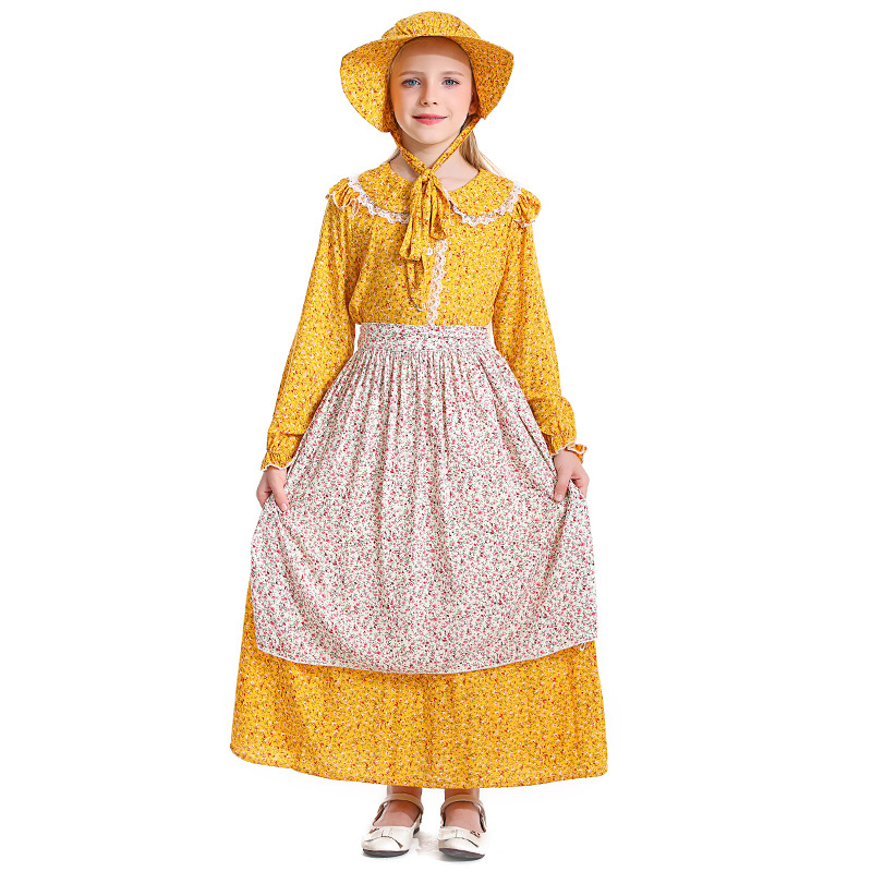 Yellow floral print colonial girl prairie pioneer pioneer outfit pastoral style dress