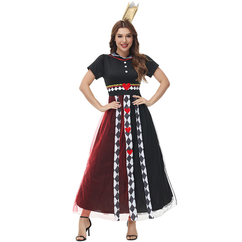 Halloween costumes: Poker Queen, Red Queen, Heart-shaped skirt dress, Alice in Wonderland stage costume