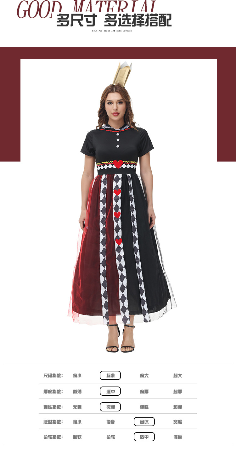 Halloween costumes: Poker Queen, Red Queen, Heart-shaped skirt dress, Alice in Wonderland stage costume