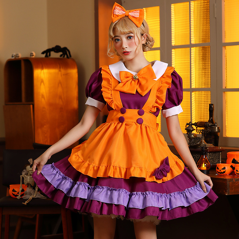 Halloween Lolita Maid Costume with Orange Bells and Butterflies - A Maid Outfit for Halloween Performances