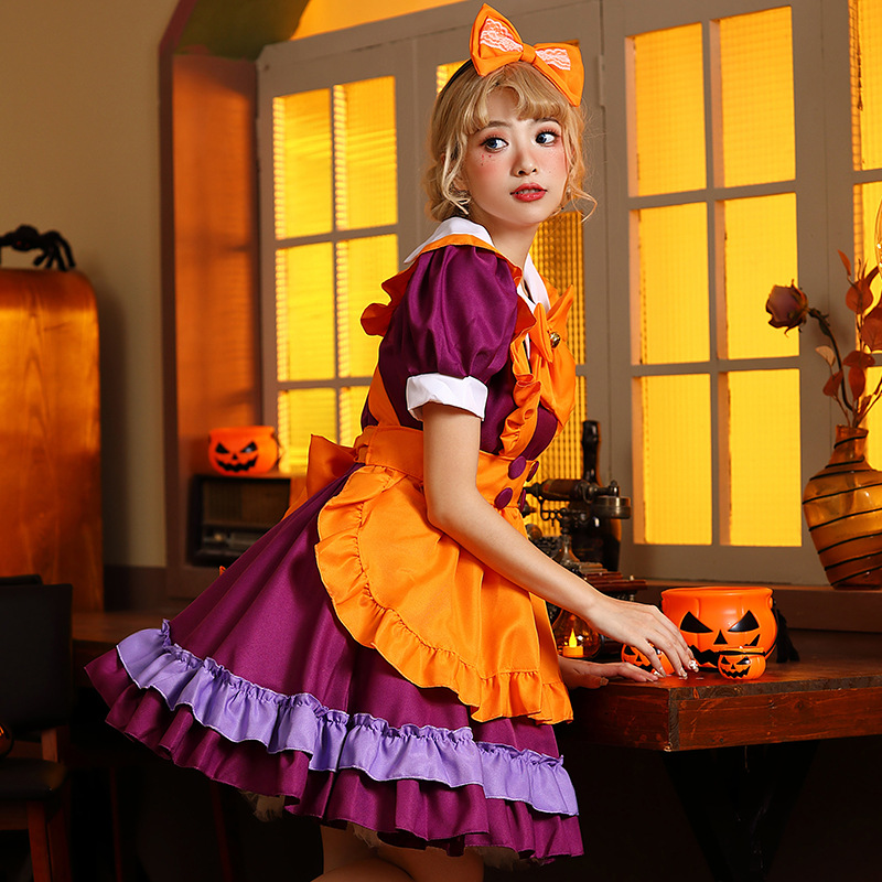 Halloween Lolita Maid Costume with Orange Bells and Butterflies - A Maid Outfit for Halloween Performances