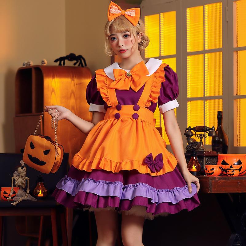 Halloween Lolita Maid Costume with Orange Bells and Butterflies - A Maid Outfit for Halloween Performances