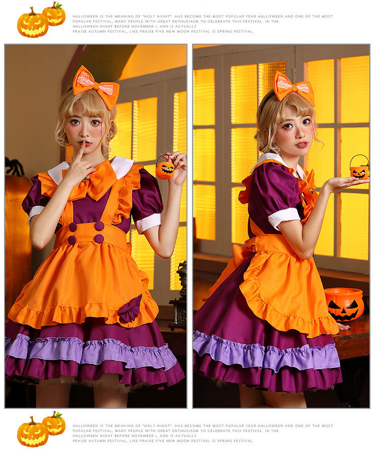 Halloween Lolita Maid Costume with Orange Bells and Butterflies - A Maid Outfit for Halloween Performances
