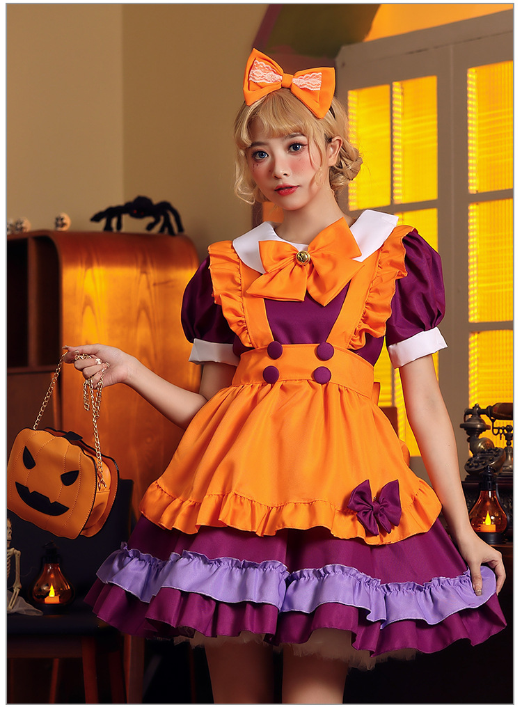Halloween Lolita Maid Costume with Orange Bells and Butterflies - A Maid Outfit for Halloween Performances