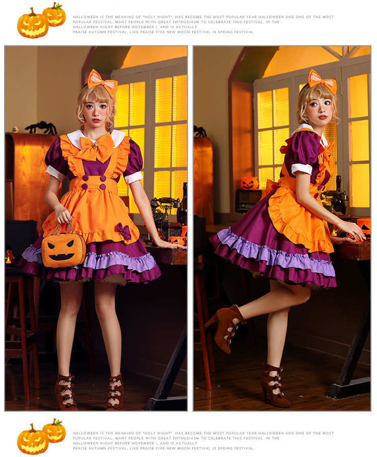 Halloween Lolita Maid Costume with Orange Bells and Butterflies - A Maid Outfit for Halloween Performances