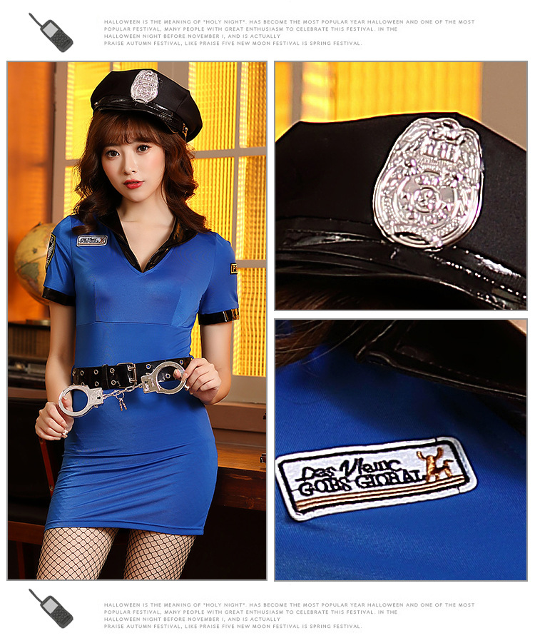 Blue, black, and red female police officer role-playing uniform, professional attire, Halloween cosplay party costume.