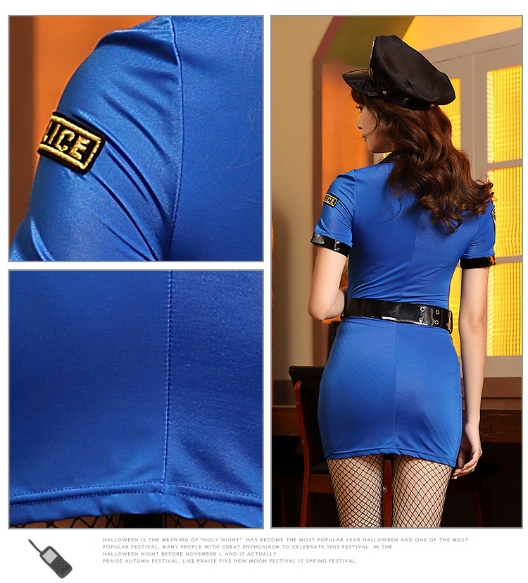 Blue, black, and red female police officer role-playing uniform, professional attire, Halloween cosplay party costume.
