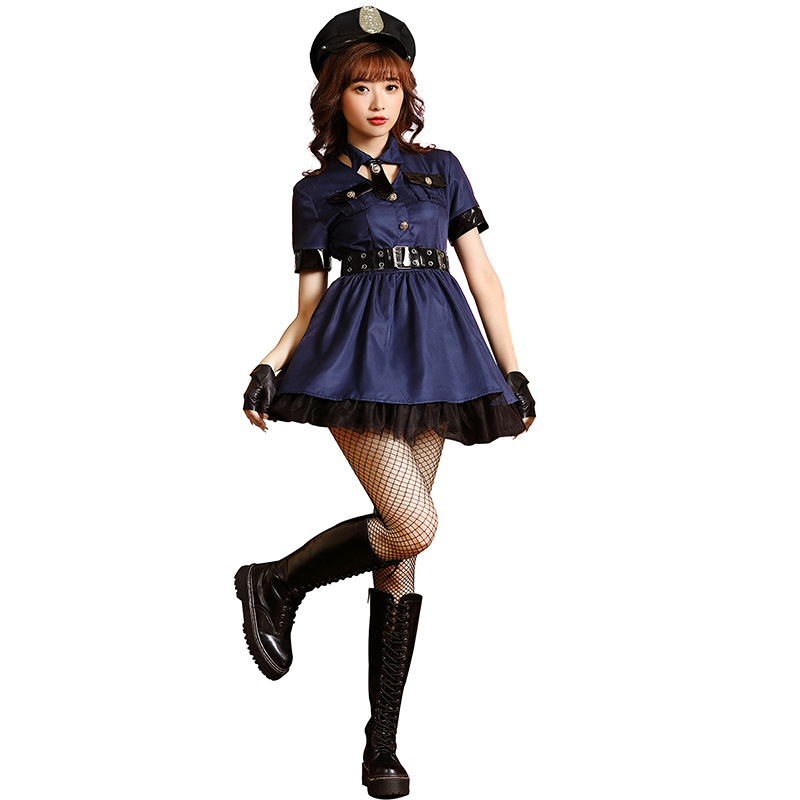 Blue policewoman cosplay outfit Halloween party uniform dress