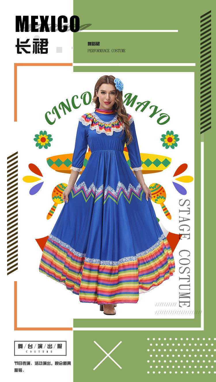 Bohemian style May 5th Mexican festival long and wide-skirted dance dress stage performance costume