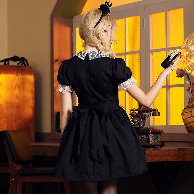 Halloween costume, red and black lace fitted evil castle maid cosplay outfit, includes bat headpiece.
