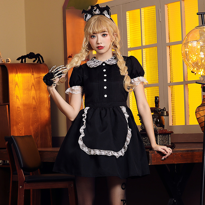 Halloween costume, red and black lace fitted evil castle maid cosplay outfit, includes bat headpiece.