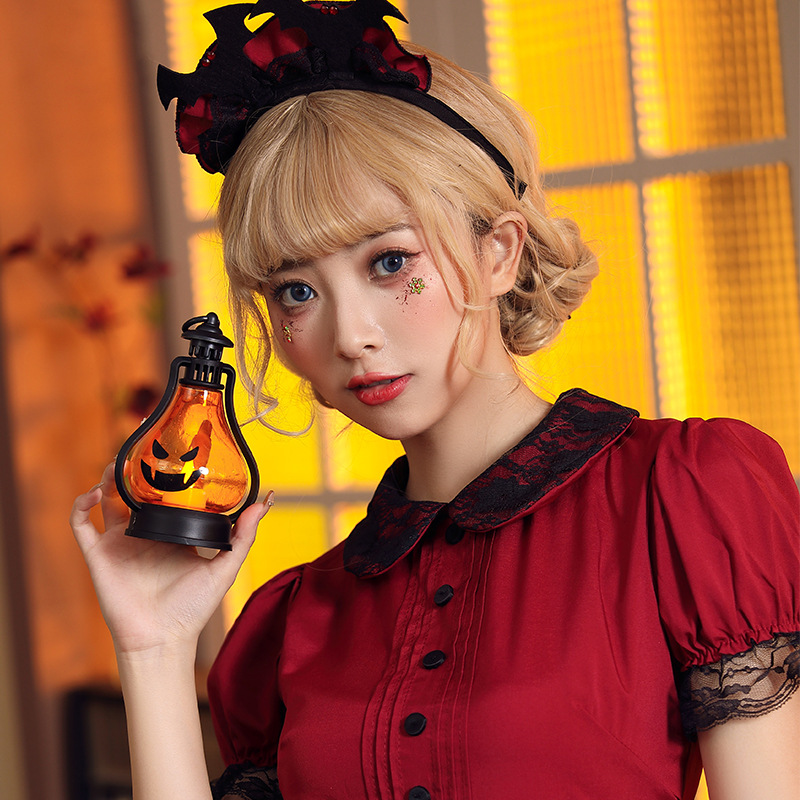 Halloween costume, red and black lace fitted evil castle maid cosplay outfit, includes bat headpiece.