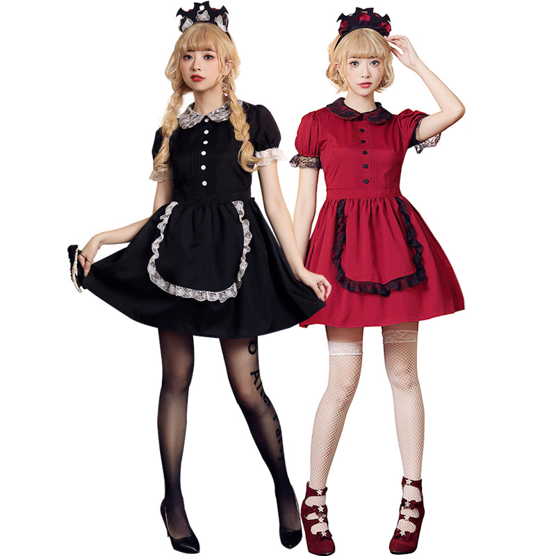 Halloween costume, red and black lace fitted evil castle maid cosplay outfit, includes bat headpiece.