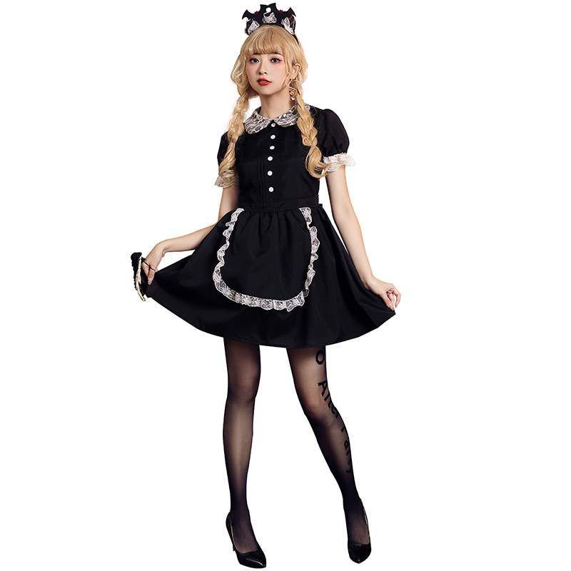 Halloween costume, red and black lace fitted evil castle maid cosplay outfit, includes bat headpiece.