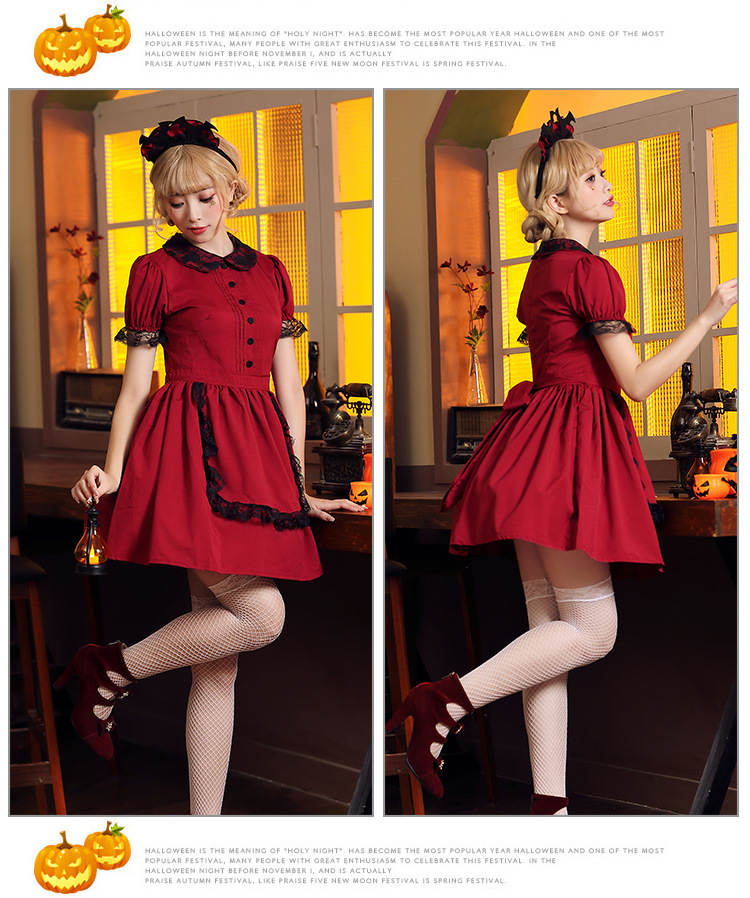 Halloween costume, red and black lace fitted evil castle maid cosplay outfit, includes bat headpiece.