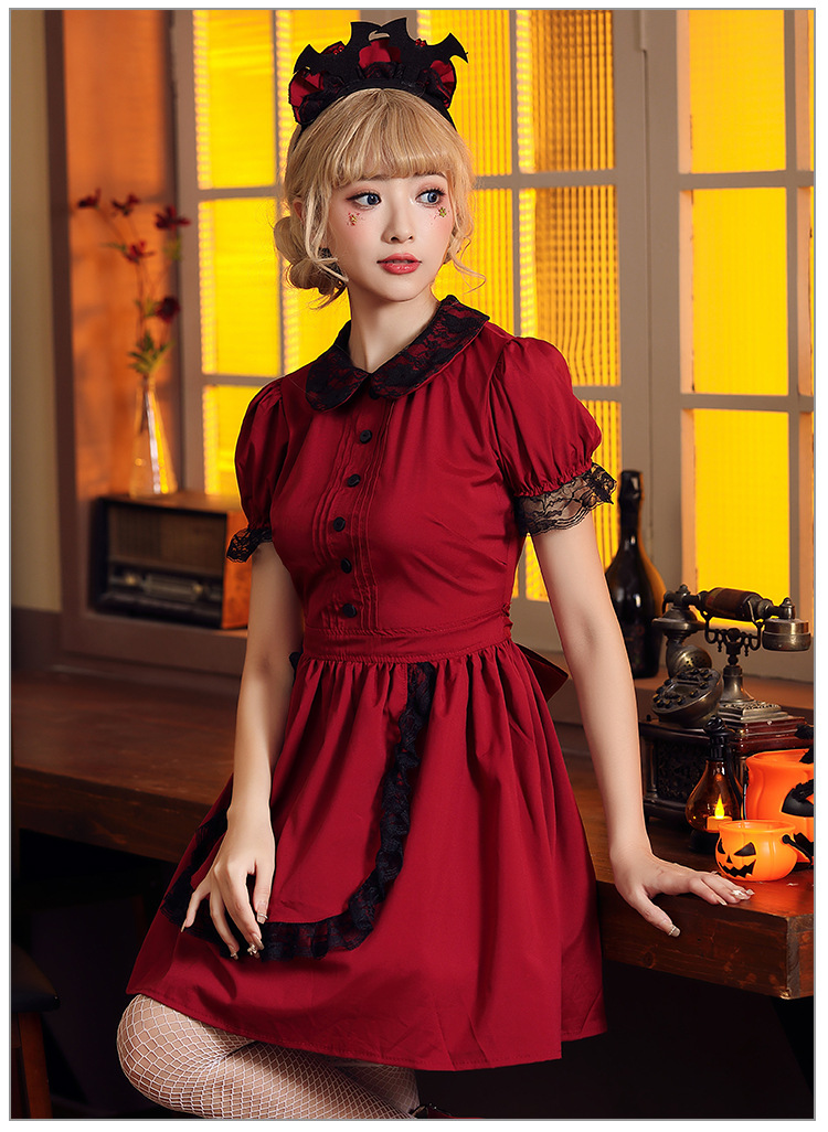 Halloween costume, red and black lace fitted evil castle maid cosplay outfit, includes bat headpiece.